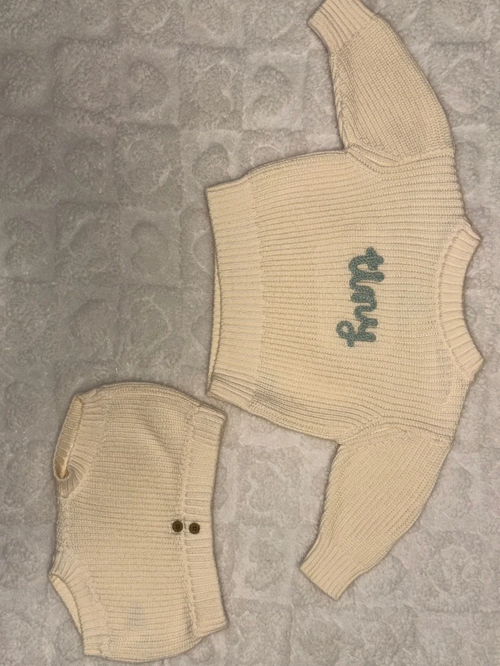 Cream Knit Baby Sweater Set with Green “tiny” Script